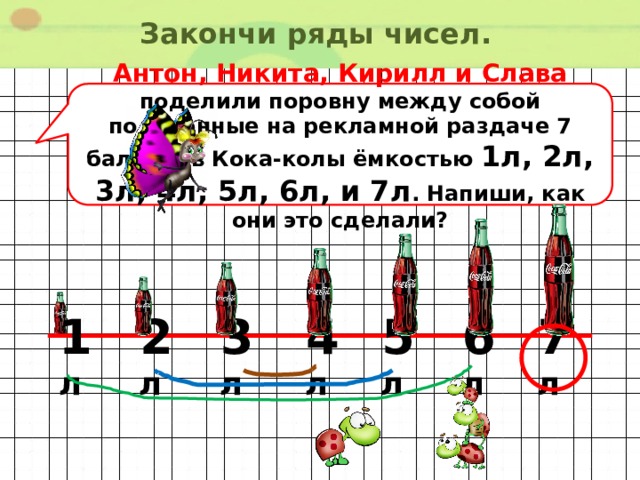 Закончи ряды чисел. Антон, Никита, Кирилл и Слава поделили поровну между собой полученные на рекламной раздаче 7 баллонов Кока-колы ёмкостью 1л, 2л, 3л, 4л, 5л, 6л, и 7л . Напиши, как они это сделали? 7 л 6 л 5 л 2 л 4 л 3 л 1 л 
