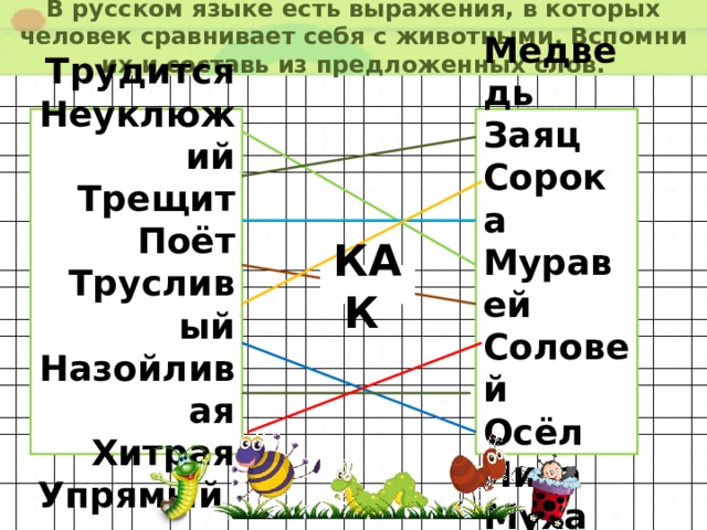 В русском языке есть выражения, в которых человек сравнивает себя с животными. Вспомни их и составь из предложенных слов. Трудится Медведь Неуклюжий Заяц Трещит Сорока Поёт Муравей Соловей Трусливый Осёл Назойливая Лиса Хитрая Муха Упрямый КАК  