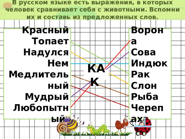 В русском языке есть выражения, в которых человек сравнивает себя с животными. Вспомни их и составь из предложенных слов. Красный Ворона Топает Сова Надулся Индюк Нем Рак Слон Медлительный Рыба Мудрый Черепаха Любопытный КАК  