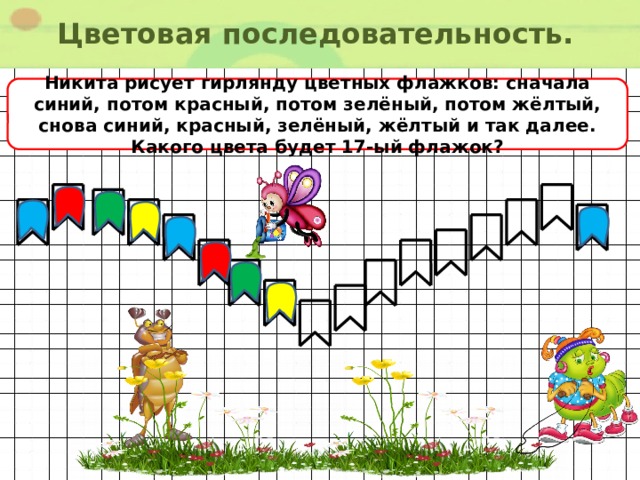 Цветовая последовательность. Никита рисует гирлянду цветных флажков: сначала синий, потом красный, потом зелёный, потом жёлтый, снова синий, красный, зелёный, жёлтый и так далее. Какого цвета будет 17-ый флажок? 