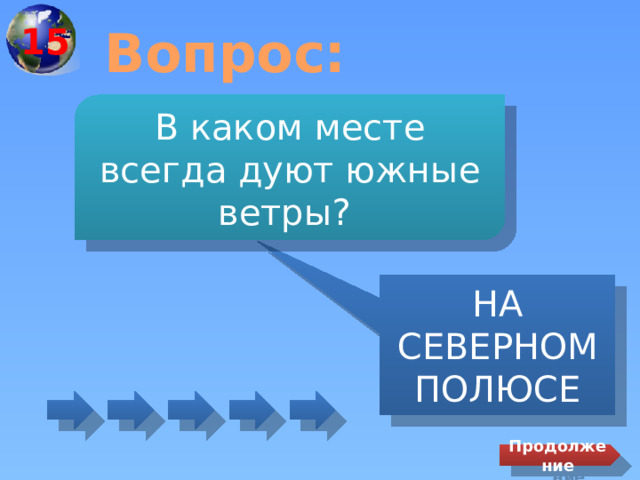 15 Вопрос: В каком месте всегда дуют южные ветры? НА СЕВЕРНОМ ПОЛЮСЕ Продолжение 