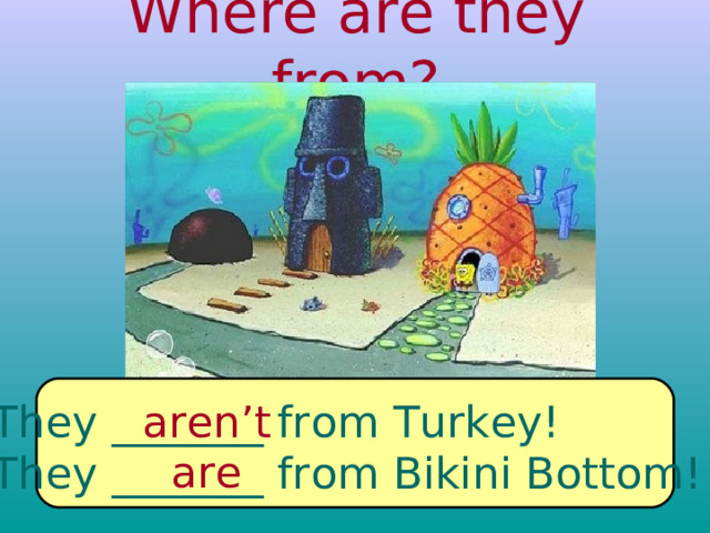 Where are they from? They _______ from Turkey! They _______ from Bikini Bottom! aren’t are 