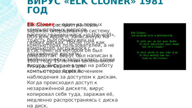 Вирус «Elk Cloner» 1981 год Elk Cloner распространялся, заражая операционную систему DOS для Apple II, записанную на гибких дисках. После того как компьютер загружался с заражённой дискеты, автоматически запускалась копия вируса. Вирус не влиял на работу компьютера, за исключением наблюдения за доступом к дискам. Когда происходил доступ к незаражённой дискете, вирус копировал себя туда, заражая её, медленно распространяясь с диска на диск. Elk Cloner — один из первых компьютерных вирусов, распространившийся «in-the-wild», то есть был обнаружен на компьютерах пользователей, а не в системе, на которой он был разработан. Вирус был написан в 1981 году 15-летним школьником Ричардом Скрента для компьютеров Apple II.  