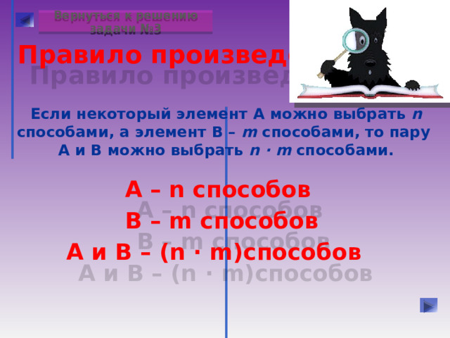 Вернуться к решению задачи №3  Правило произведения  Если некоторый элемент А можно выбрать n способами, а элемент В – m способами, то пару А и В можно выбрать n ∙ m способами.  A – n способов  В – m способов А и В – (n ∙ m)способов