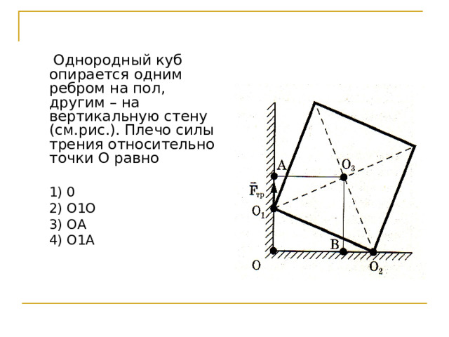  Однородный куб опирается одним ребром на пол, другим – на вертикальную стену (см.рис.). Плечо силы трения относительно точки О равно  1) 0  2) О1О  3) ОА  4) О1А 