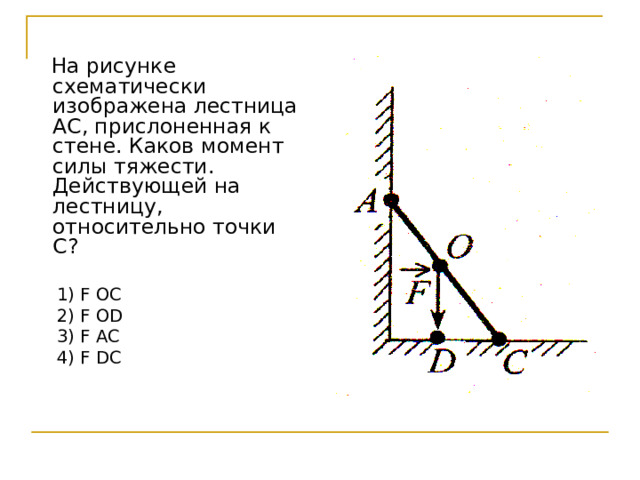  На рисунке схематически изображена лестница АС, прислоненная к стене. Каков момент силы тяжести. Действующей на лестницу, относительно точки С?  1) F ОС  2) F О D  3) F A С  4) F D С 