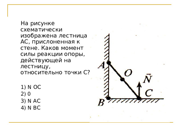  На рисунке схематически изображена лестница АС, прислоненная к стене. Каков момент силы реакции опоры, действующей на лестницу, относительно точки С?  1) N ОС  2) 0  3) N A С  4) N B С 