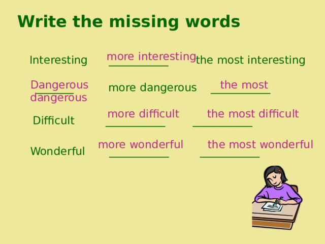 Write the missing words more interesting Interesting ___________ the most interesting Dangerous the most dangerous _______ more dangerous ___________  more difficult the most difficult Difficult ___________ ___________  more wonderful the most wonderful Wonderful ___________ ___________ 