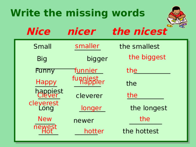 Write the missing words Nice nicer the nicest smaller Small ________ the smallest the biggest Big bigger  ______________ Funny  ___________ _______________  funnier the funniest  Happy happier _________ ___________  the happiest  Clever the cleverest  _________  cleverer  _______________  Long ________ the longest longer  New the newest  ______ newer __________  ______ _______ the hottest  Hot hotter 