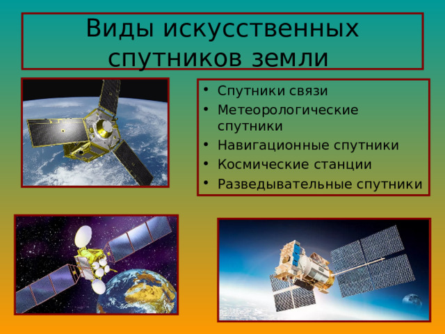 Виды искусственных спутников земли Спутники связи Метеорологические спутники Навигационные спутники Космические станции Разведывательные спутники 