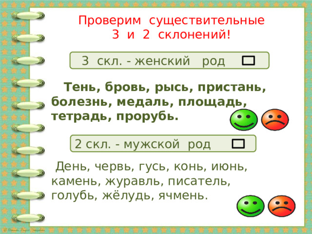  Проверим существительные  3 и 2 склонений!  3 скл. - женский род  Тень, бровь, рысь, пристань, болезнь, медаль, площадь, тетрадь, прорубь.  2 скл. - мужской род  День, червь, гусь, конь, июнь, камень, журавль, писатель, голубь, жёлудь, ячмень. 