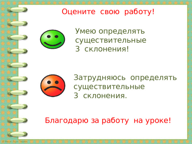 Оцените свою работу! Умею определять существительные 3 склонения! Затрудняюсь определять существительные 3 склонения. Благодарю за работу на уроке! 