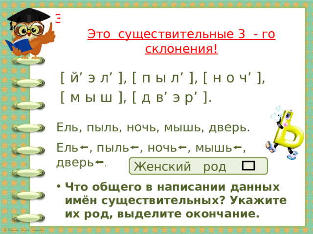 Укажите род имён существительных, выделите окончания. Звуковая разминка: узнайте слово по модели и запишите буквами! Это существительные 3 - го склонения! [ й’ э л’ ], [ п ы л’ ], [ н о ч’ ], [ м ы ш ], [ д в’ э р’ ].    Ель, пыль, ночь, мышь, дверь.    Ель  , пыль  , ночь  , мышь  , дверь  . Женский род Что общего в написании данных имён существительных? Укажите их род, выделите окончание. 