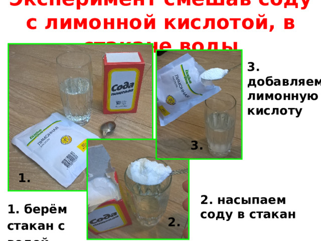 Эксперимент смешав соду с лимонной кислотой, в стакане воды 3. добавляем лимонную кислоту 3. 1. 2. насыпаем соду в стакан 1. берём стакан с водой 2. 