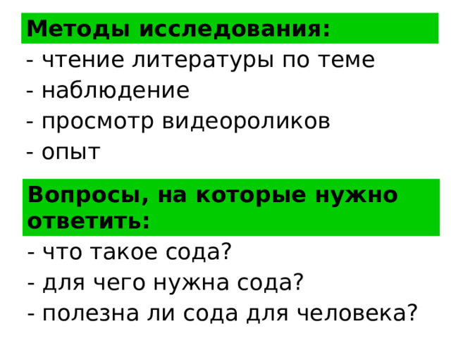 Методы исследования: - чтение литературы по теме - наблюдение - просмотр видеороликов - опыт Вопросы, на которые нужно ответить: - что такое сода? - для чего нужна сода? - полезна ли сода для человека? 