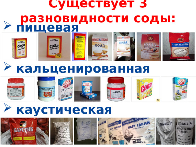 Существует 3 разновидности соды: пищевая  кальценированная  каустическая 