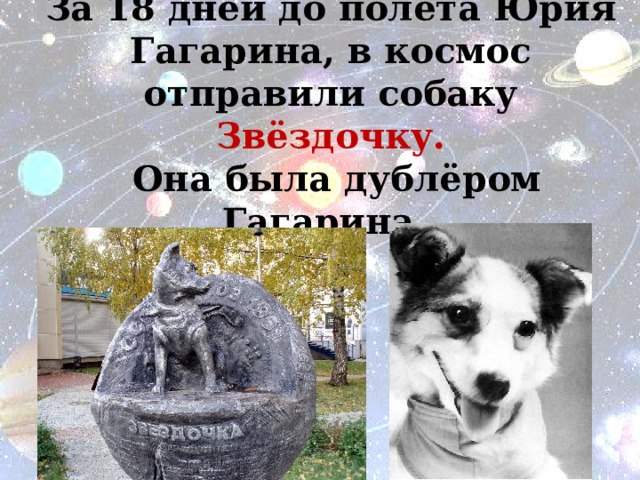 За 18 дней до полета Юрия Гагарина, в космос отправили собаку Звёздочку.  Она была дублёром Гагарина..   