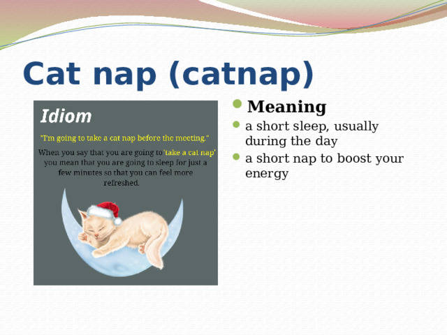 Cat nap (catnap) Meaning a short sleep, usually during the day a short nap to boost your energy 