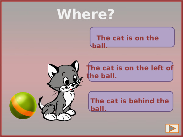 Where?  The cat is on the ball. The cat is on the left of the ball. The cat is behind the ball. 11 