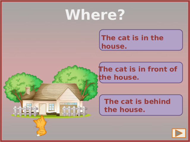 Where? The cat is in the house. The cat is in front of the house. The cat is behind the house. 12 