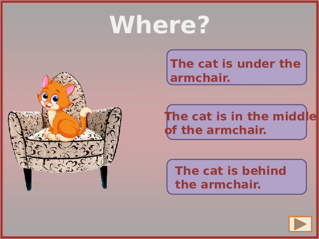 Where? The cat is under the armchair. The cat is in the middle of the armchair. The cat is behind the armchair. 13 