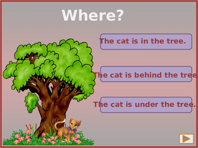 Where?  The cat is in the tree. The cat is behind the tree. The cat is under the tree. 