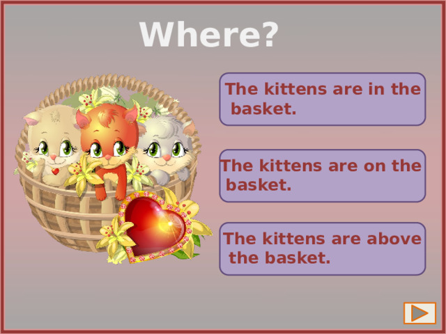 Where?  The kittens are in the  basket.  The kittens are on the  basket.  The kittens are above  the basket. 4 