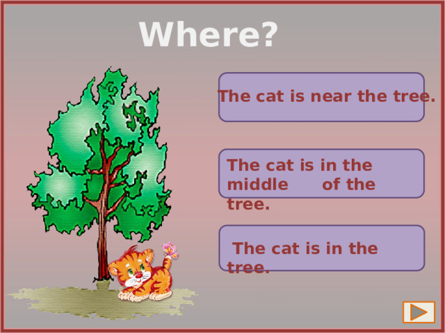 Where?  The cat is near the tree. The cat is in the middle of the tree.  The cat is in the tree. 5 