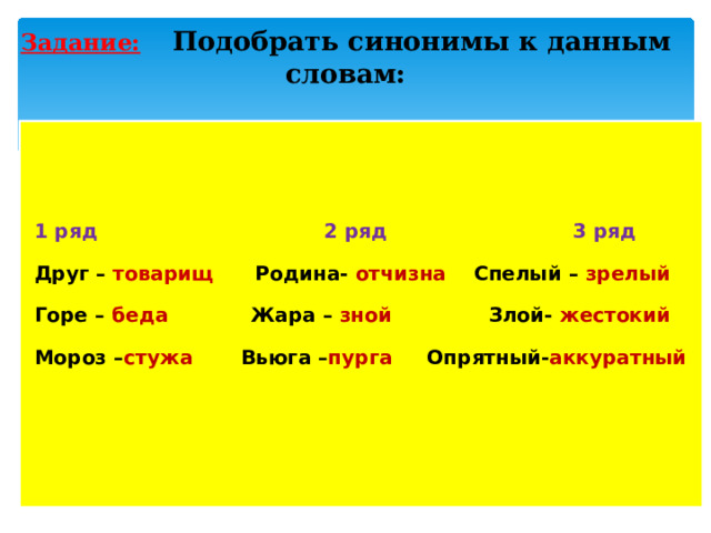 Задание:  Подобрать синонимы к данным словам:    1 ряд 2 ряд 3 ряд Друг – товарищ Родина- отчизна Спелый – зрелый Горе – беда Жара – зной Злой- жестокий Мороз – стужа Вьюга – пурга Опрятный- аккуратный   