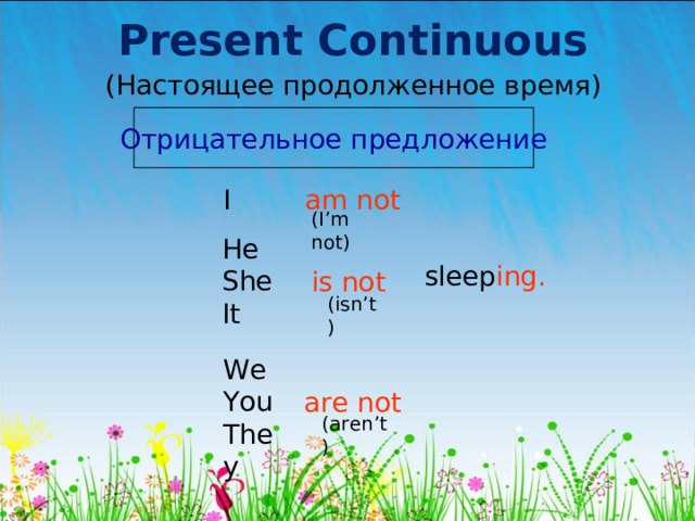 Present Continuous (Настоящее продолженное время) Отрицательное предложение I am  not (I’m not) He She It sleep ing . is not (isn’t) We You They are not (aren’t) 