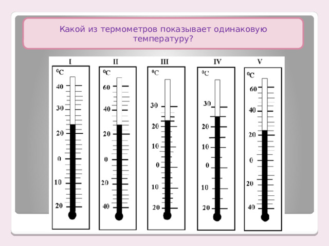 Какой из термометров показывает одинаковую температуру? 
