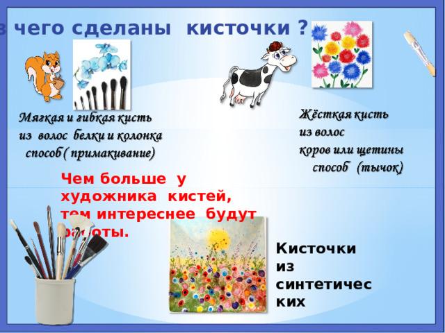 Из чего сделаны кисточки ? Чем больше у художника кистей, тем интереснее будут работы. Кисточки из синтетических  материалов 