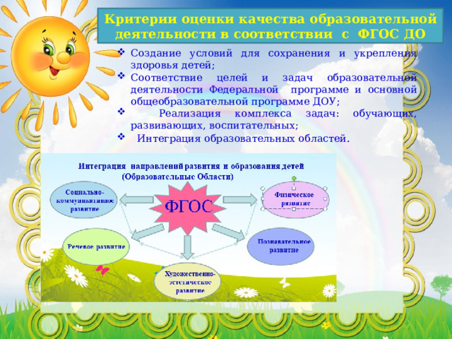 Критерии оценки качества образовательной деятельности в соответствии с ФГОС ДО Создание условий для сохранения и укрепления здоровья детей; Соответствие целей и задач образовательной деятельности Федеральной программе и основной общеобразовательной программе ДОУ;  Реализация комплекса задач: обучающих, развивающих, воспитательных;  Интеграция образовательных областей . 