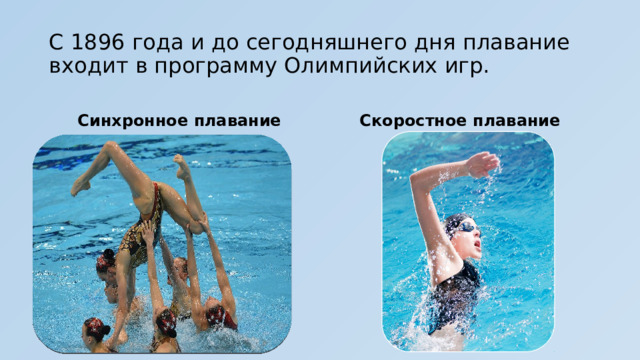 С 1896 года и до сегодняшнего дня плавание входит в программу Олимпийских игр. Синхронное плавание Скоростное плавание 