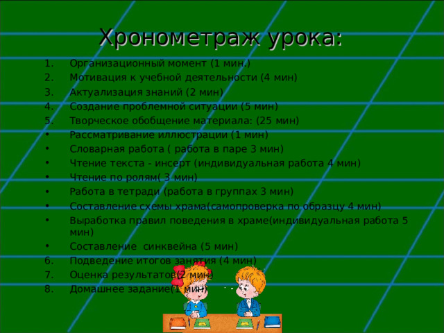 Хронометраж урока: Организационный момент (1 мин.) Мотивация к учебной деятельности (4 мин) Актуализация знаний (2 мин) Создание проблемной ситуации (5 мин) Творческое обобщение материала: (25 мин) Рассматривание иллюстрации (1 мин) Словарная работа ( работа в паре 3 мин) Чтение текста - инсерт (индивидуальная работа 4 мин) Чтение по ролям( 3 мин) Работа в тетради (работа в группах 3 мин) Составление схемы храма(самопроверка по образцу 4 мин) Выработка правил поведения в храме(индивидуальная работа 5 мин) Составление синквейна (5 мин) Подведение итогов занятия (4 мин) Оценка результатов(2 мин) Домашнее задание(1 мин) 