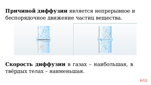 Причиной диффузии является непрерывное и беспорядочное движение частиц вещества. Скорость диффузии в газах – наибольшая, в твёрдых телах – наименьшая. 6/12  