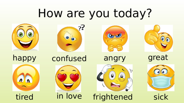 How are you today? great angry happy confused in love tired frightened sick 