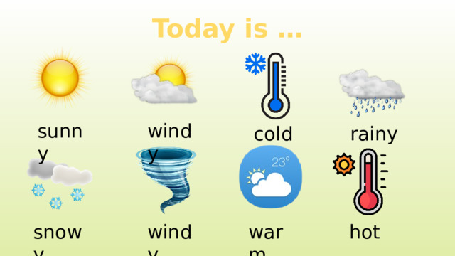 Today is … sunny windy cold rainy warm hot snowy windy 