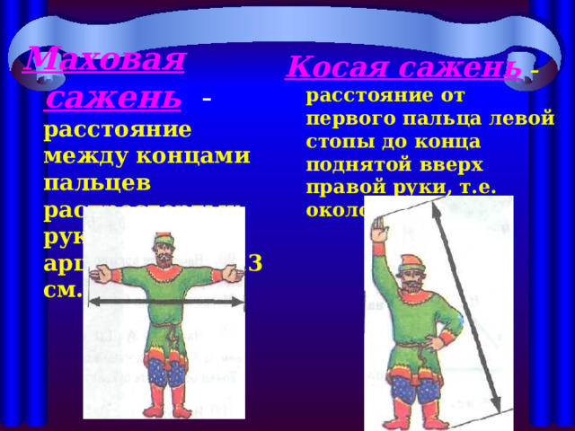 Маховая сажень -  расстояние между концами пальцев распростертых рук, , это 3 аршина, или 213 см. Косая сажень  – расстояние от первого пальца левой стопы до конца поднятой вверх правой руки, т.е. около 248 см.  