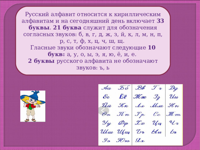 Русский алфавит относится к кириллическим алфавитам и на сегодняшний день включает 33 буквы . 21 буква служит для обозначения согласных звуков: б, в, г, д, ж, з, й, к, л, м, н, п, р, с, т, ф, х, ц, ч, ш, щ. Гласные звуки обозначают следующие 10 букв: а, у, о, ы, э, я, ю, ё, и, е. 2 буквы русского алфавита не обозначают звуков: ъ, ь 