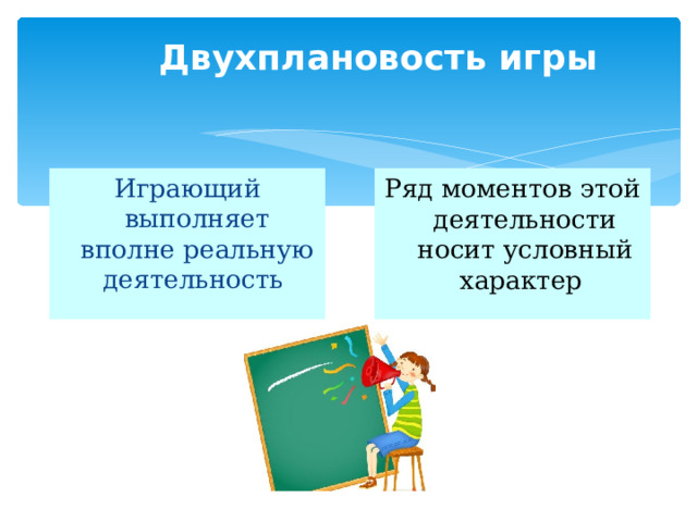 Двухплановость игры Ряд моментов этой деятельности носит условный характер Играющий выполняет вполне реальную деятельность 