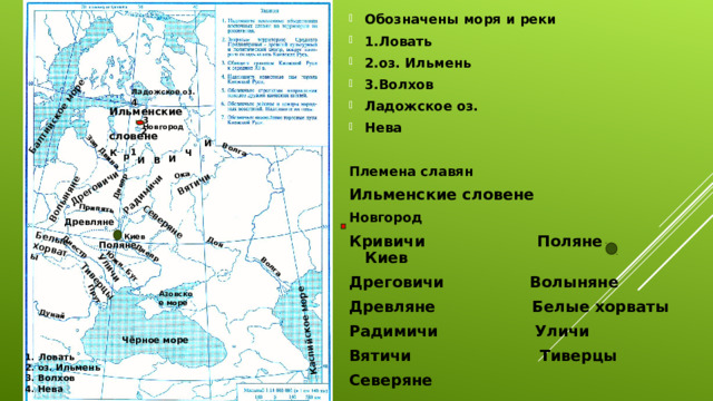 Обозначены моря и реки 1.Ловать 2.оз. Ильмень 3.Волхов Ладожское оз. Нева  Племена славян Ильменские словене Новгород Кривичи Поляне Киев Дреговичи Волыняне Древляне Белые хорваты Радимичи Уличи Вятичи Тиверцы Северяне Балтийское море Каспийское море Волга Волга  Дон Днепр Днепр Зап Двина Припять Южн. Буг Днестр Прут Дунай Ока Дреговичи Радимичи Вятичи Северяне Волыняне Белые хорваты Уличи Тиверцы Ладожское оз. 4 Ильменские  словене 3 Новгород 2 И 1 К Ч р И В И Древляне Киев Поляне Азовское море Чёрное море Ловать 2. оз. Ильмень 3. Волхов 4. Нева 