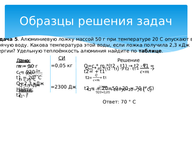Образцы решения задач Задача 5 . Алюминиевую ложку массой 50 г при температуре 20 С опускают в горячую воду. Какова температура этой воды, если ложка получила 2,3 кДж энергии? Удельную теплоёмкость алюминия найдите по таблице . СИ Решение   Дано: m = 50 г c = 920 t1 = 20° C Q=2,3 кДж Найти: t2 - ? =0,05 кг Q=c * m *(t2 - t1) → t2 - t1 =   t2=  + t1 =2300 Дж t2 =  + 20=50+20 = 70 (° C)   Ответ: 70 ° C 