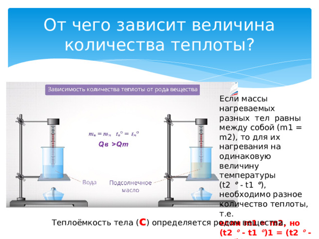 От чего зависит величина количества теплоты? Если массы нагреваемых разных тел равны между собой (m1 = m2), то для их нагревания на одинаковую величину температуры (t2  ° - t1  ° ), необходимо разное количество теплоты, т.е. если  m1 = m2, но (t2 ° - t1 ° )1 = (t2 ° - t1 ° )2, то Q1  Q2 для разных тел. Теплоёмкость тела ( с ) определяется родом вещества. 