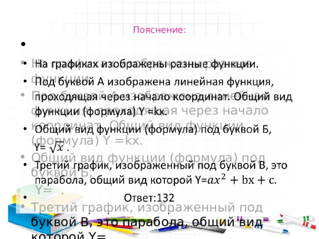 Пояснение:   На графиках изображены разные функции. Под буквой А изображена линейная функция, проходящая через начало координат. Общий вид функции (формула) Y =kx. Общий вид функции (формула) под буквой Б,  Y= . Третий график, изображенный под буквой В, это парабола, общий вид которой Y=  Ответ:132 