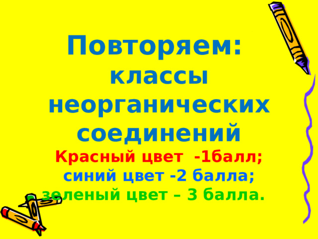 Повторяем:  классы неорганических соединений  Красный цвет -1балл;  синий цвет -2 балла;  зеленый цвет – 3 балла. 