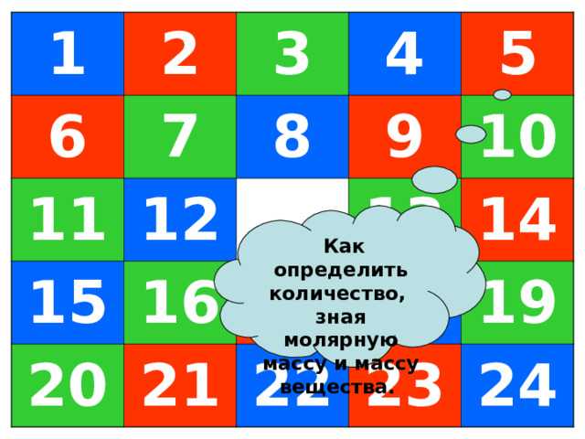 1 6 2 7 3 11 12 4 8 15 16 5 9 20 10 21 13 17 18 14 22 19 23 24  Как определить количество, зная молярную массу и массу вещества. 