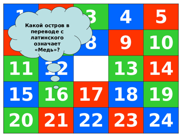 1 6 2 7 3 11 4 12 15 8 9 5 16 20 10 21 13 17 18 22 14 19 23 24  Какой остров в переводе с латинского означает «Медь»? 