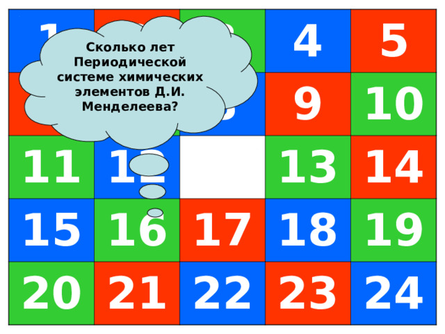 1 6 2 7 3 11 12 4 8 15 16 5 9 20 10 21 13 17 18 14 22 19 23 24  Сколько лет Периодической системе химических элементов Д.И. Менделеева? 