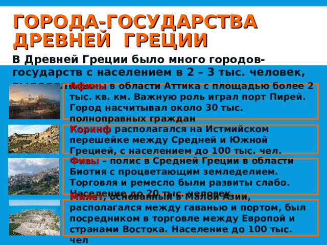 ГОРОДА-ГОСУДАРСТВА ДРЕВНЕЙ ГРЕЦИИ В Древней Греции было много городов-государств с населением в 2 – 3 тыс. человек, выделялись: Афины в области Аттика с площадью более 2 тыс. кв. км. Важную роль играл порт Пирей. Город насчитывал около 30 тыс. полноправных граждан Коринф располагался на Истмийском перешейке между Средней и Южной Грецией, с населением до 100 тыс. чел. Фивы – полис в Средней Греции в области Биотия с процветающим земледелием. Торговля и ремесло были развиты слабо. Население до 20 тыс. человек. Милет , основанный в Малой Азии, располагался между гаванью и портом, был посредником в торговле между Европой и странами Востока. Население до 100 тыс. чел 